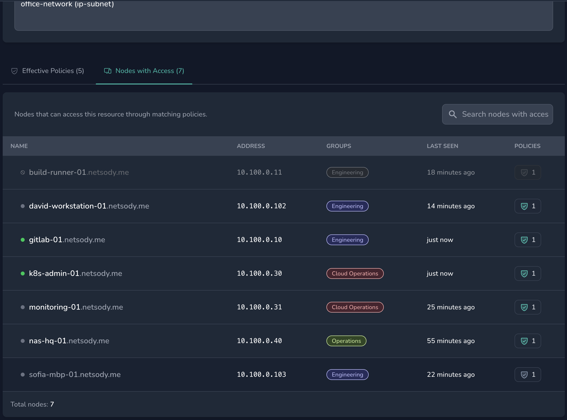 Resource details page in the Netsody dashboard with the Nodes with Access tab listing seven nodes, their groups, and a policies marker per row